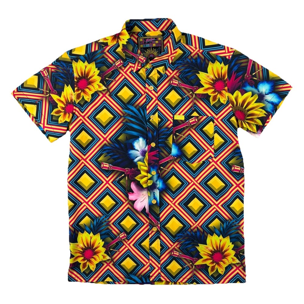 Retro Rifle‎ Shirt Mens Medium Yellow Floral Geometric AOP Graphic Button Down